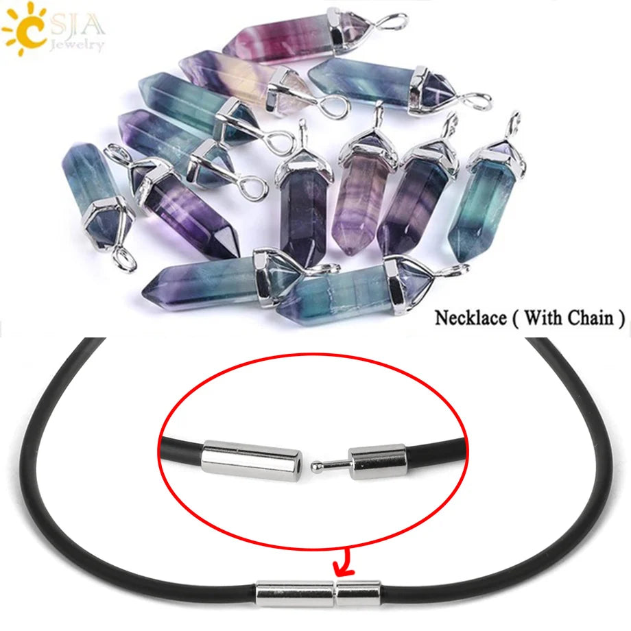 Natural Fluorite Crystal Hexagonal Point Pendant Necklace — Reiki Healing"