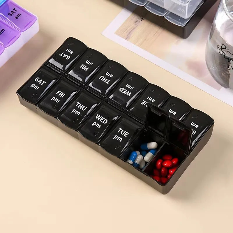 14 Compartment Weekly Pill Organizer AM PM 7 Day Portable Vitamin and Medication Box