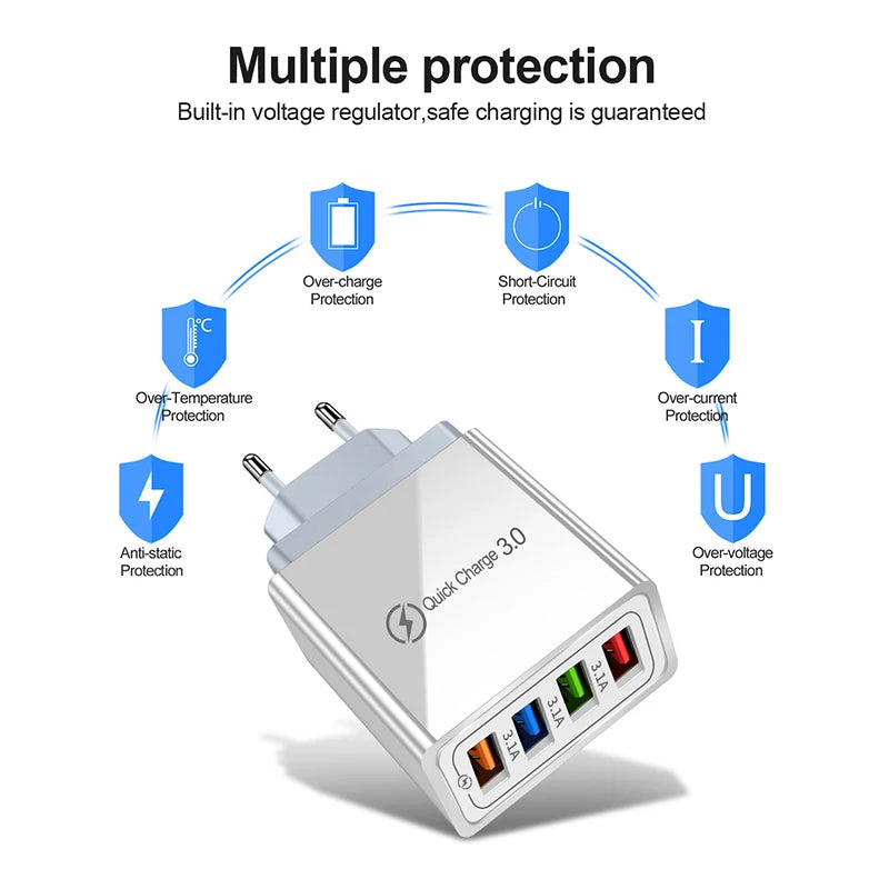 4-Port USB Wall Charger — 3A Quick Charge 3.0 Adapter with EU/US Plug
