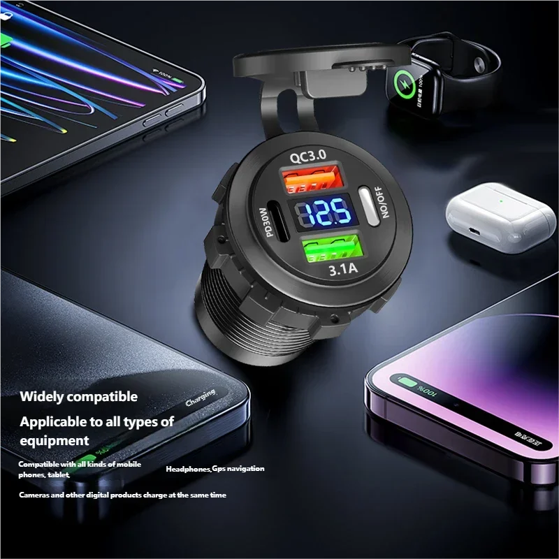 12V/24V Multi-Port USB Car Charger — PD/QC Fast Charging Socket with Voltmeter & On/Off Switch