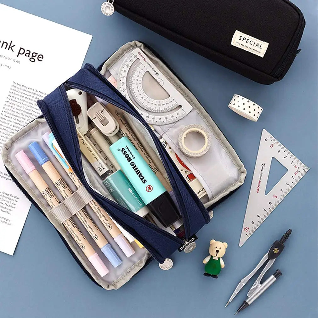 Large Capacity 3-Compartment Pencil Case & Desk Organizer Pouch