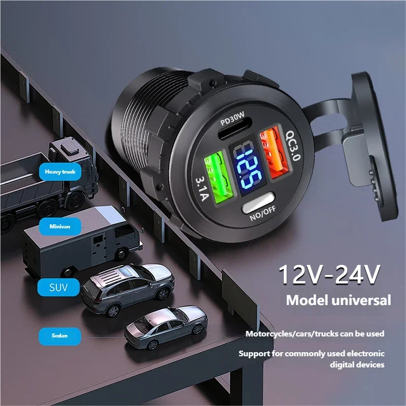 12V/24V Multi-Port USB Car Charger — PD/QC Fast Charging Socket with Voltmeter & On/Off Switch