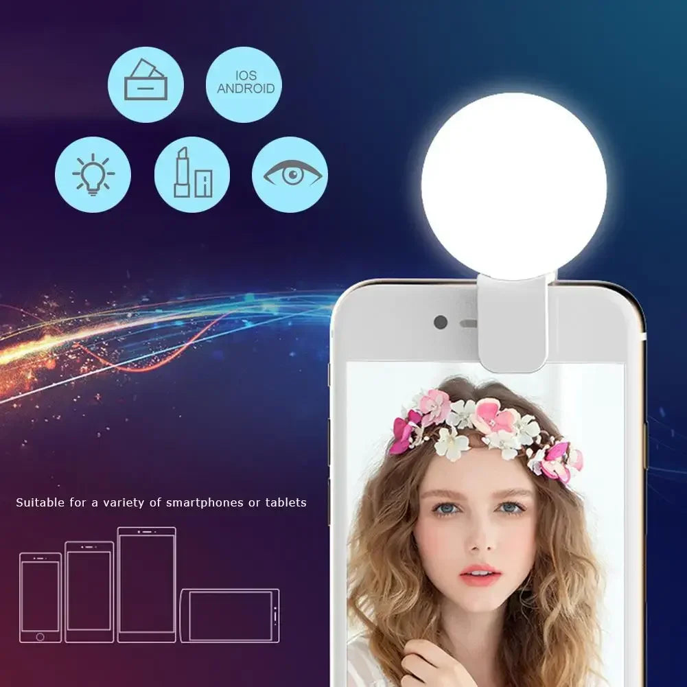 Portable LED Selfie Ring Light Clip for Phone with 3 Brightness Levels