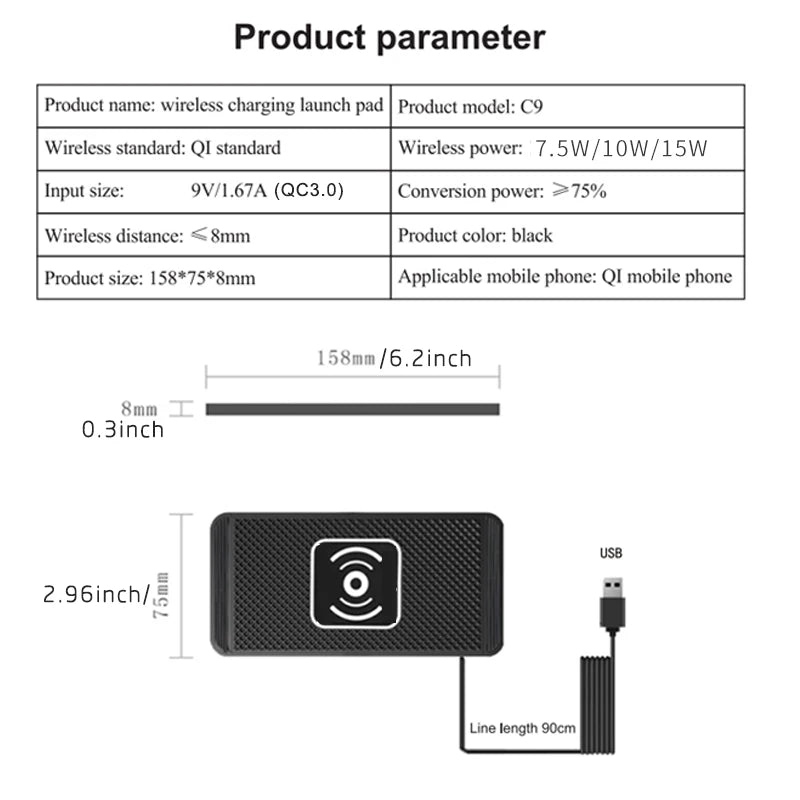 15W Wireless Car Charger Pad — Non-Slip Qi Fast Charging for iPhone & Android