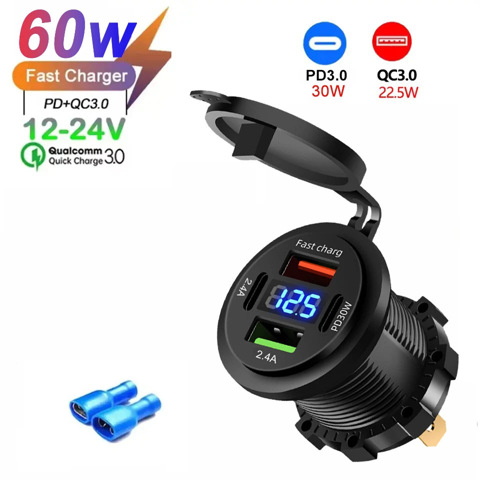 12V/24V Multi-Port USB Car Charger — PD/QC Fast Charging Socket with Voltmeter & On/Off Switch