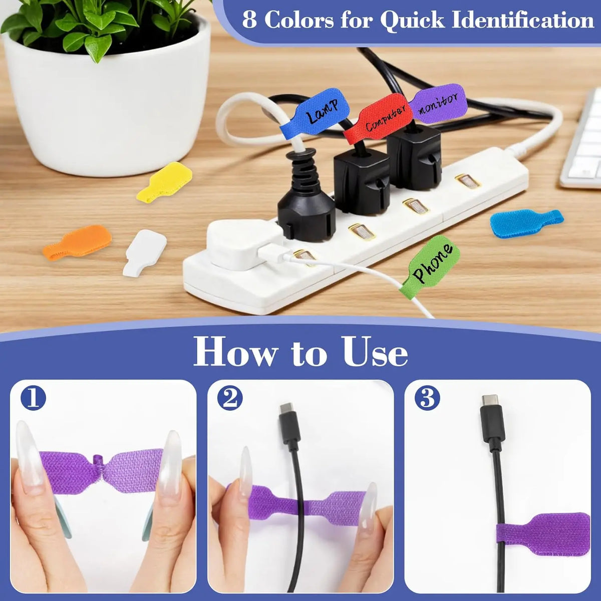 Reusable Color Coded Cable Labels for Chargers, Cords and Power Strips, 10 to 100 Pack