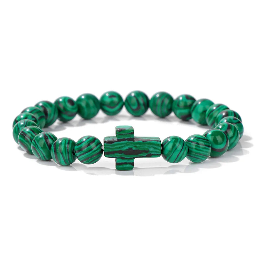 Natural Stone Cross Beaded Bracelet — Crystal Healing Prayer Jewelry