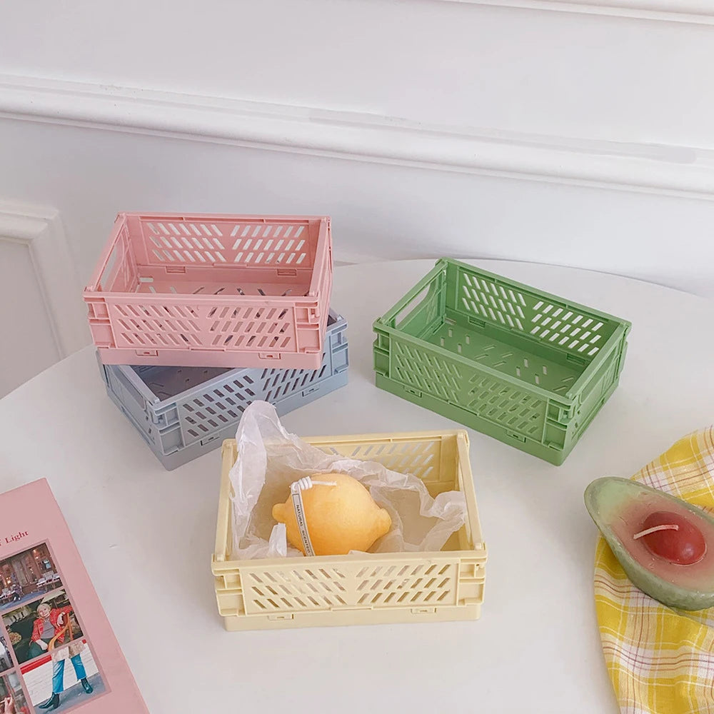 Stackable Foldable Plastic Desk Storage Basket, Cute Stationery Organizer Box for Student and Office Desktop Supplies