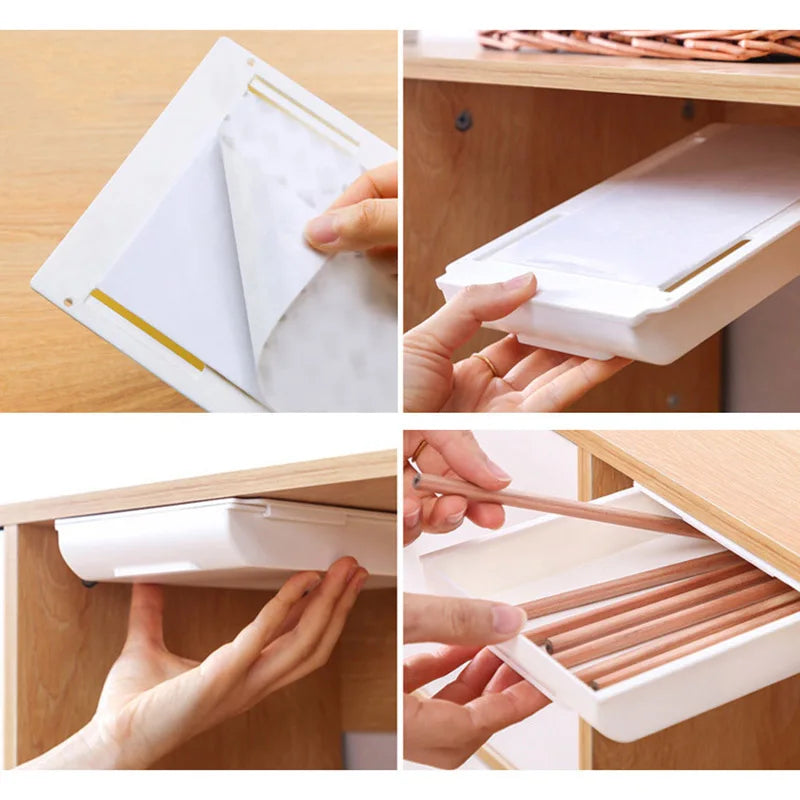 Self Stick Pencil Tray Under Desk Drawer Storage Box Hidden Stationery Organizer Stand For Pens Office Home Storage Organizer
