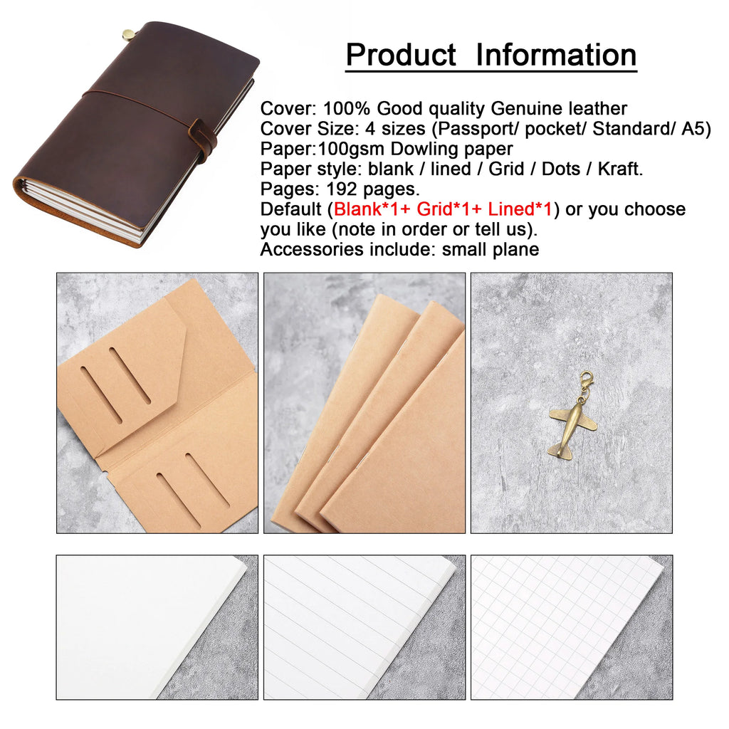 Genuine Leather Refillable Travel Journal in Four Sizes
