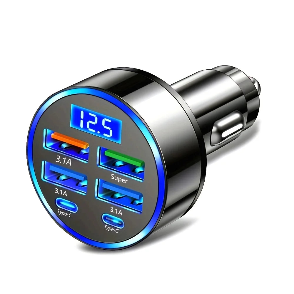 6-in-1 Car USB Charger Adapter — 3.1A Multi-Port with Digital Display
