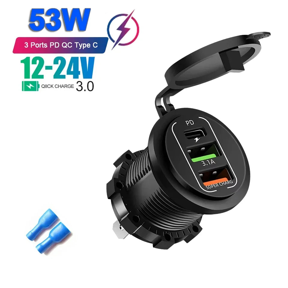 12V/24V Multi-Port USB Car Charger — PD/QC Fast Charging Socket with Voltmeter & On/Off Switch