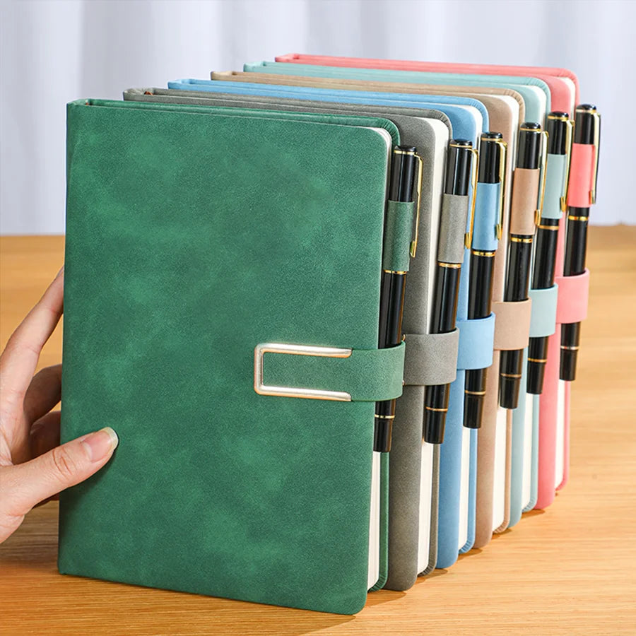 Vintage A5 Leather Notebook with Pen Holder, Soft Cover Business Journal for Meetings, Work Notes and College