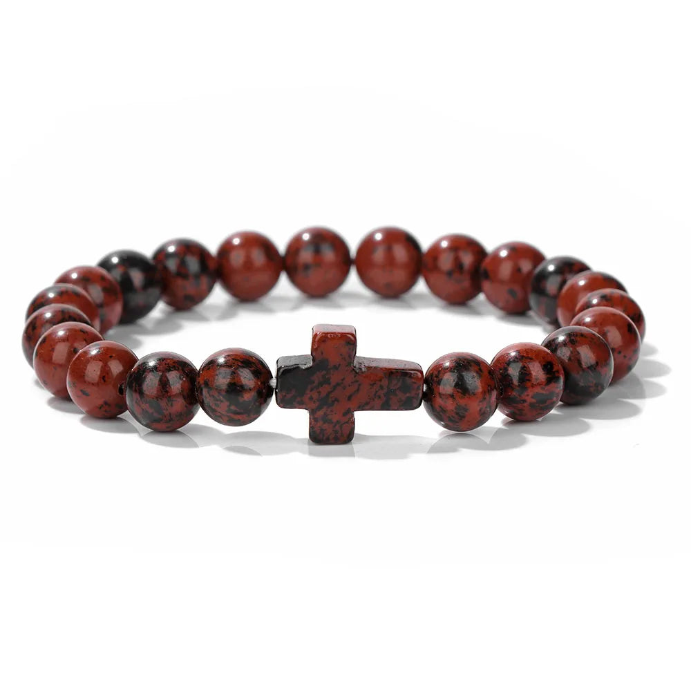 Natural Stone Cross Beaded Bracelet — Crystal Healing Prayer Jewelry