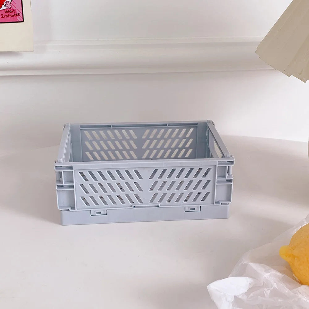 Stackable Foldable Plastic Desk Storage Basket, Cute Stationery Organizer Box for Student and Office Desktop Supplies