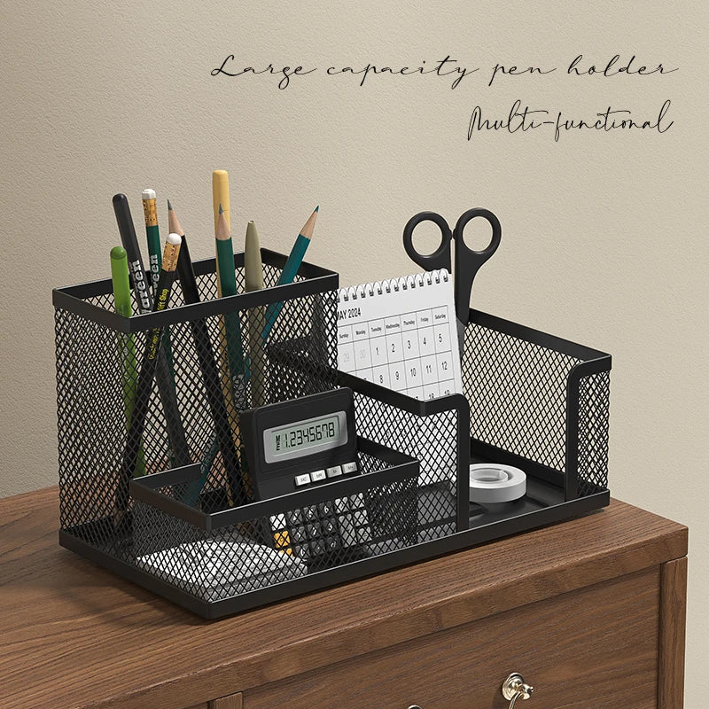 Mesh Desk Organizer with Pencil Holder & Storage Baskets — 3-Compartment