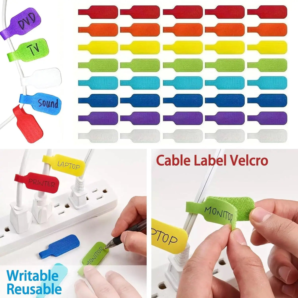 Reusable Color Coded Cable Labels for Chargers, Cords and Power Strips, 10 to 100 Pack