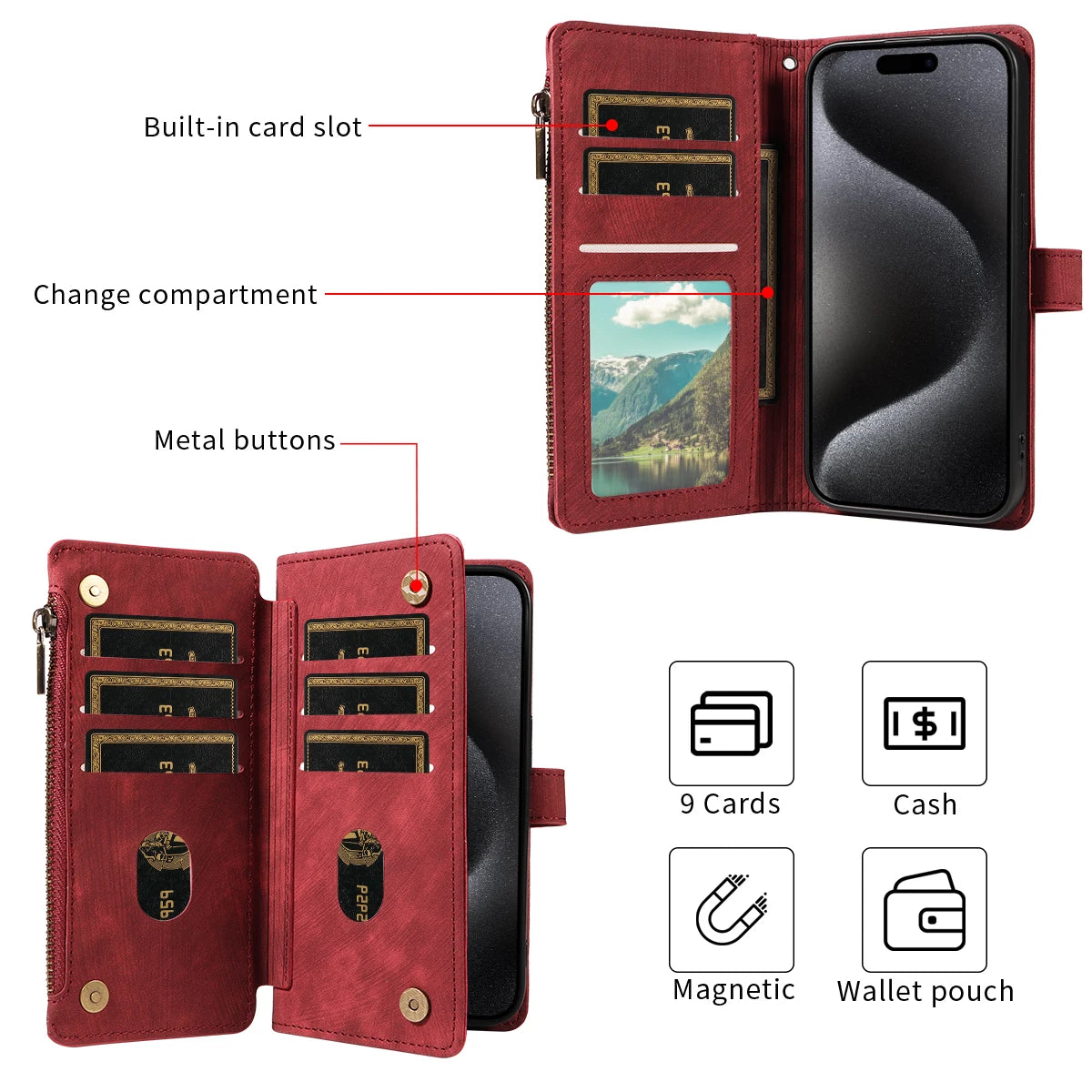 Magnetic Leather Flip Wallet Case for iPhone 11-17 Series (Pro, Pro Max, Plus, Air)