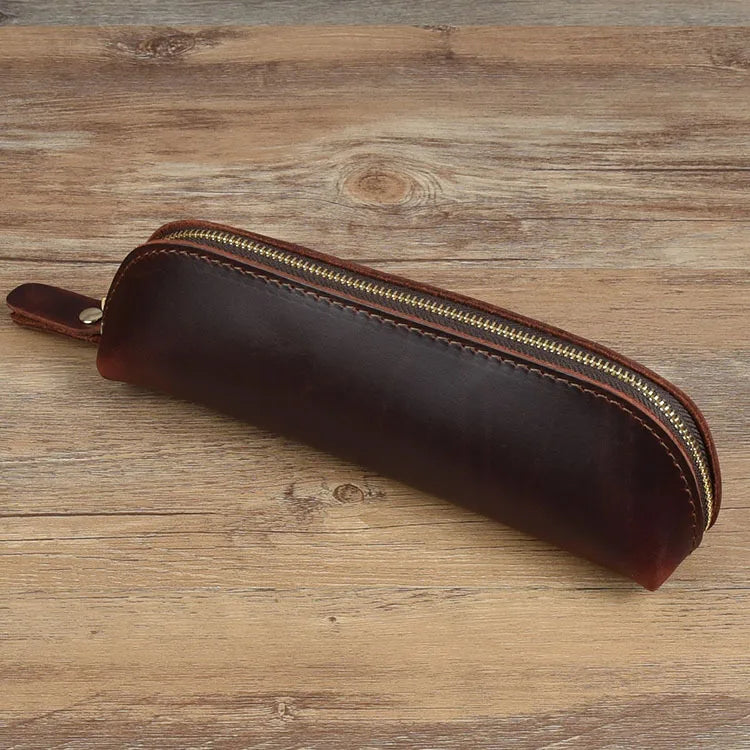 Vintage Leather-Style Pencil Case, Zipper Pen Pouch and Glasses Holder, Rustic Stationery Organizer Bag for School, Office and Journaling