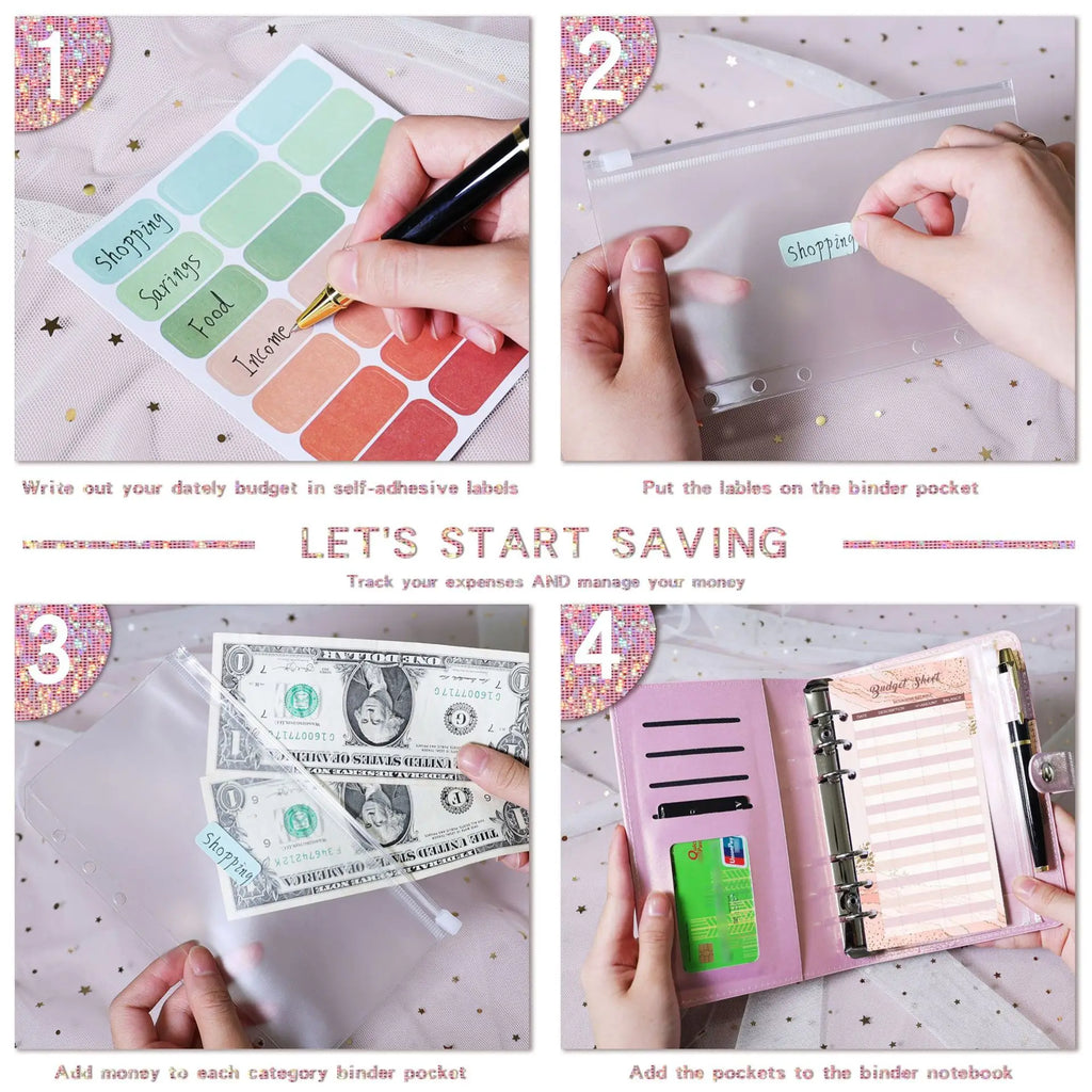 A6 Glitter PU Leather Budget Binder with Cash Envelopes, Budget Sheets and Stickers, Money Saving Organizer Wallet for Budgeting