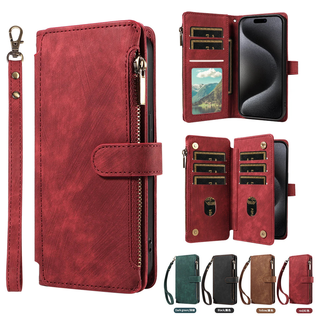 Magnetic Leather Flip Wallet Case for iPhone 11-17 Series (Pro, Pro Max, Plus, Air)