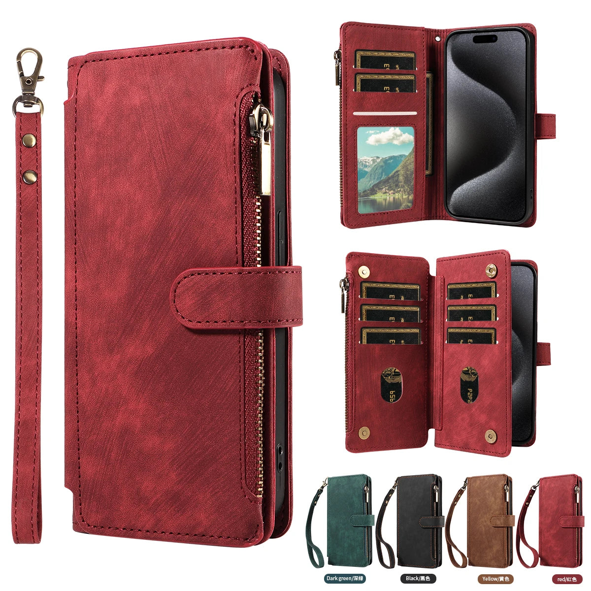 Magnetic Leather Flip Wallet Case for iPhone 11-17 Series (Pro, Pro Max, Plus, Air)
