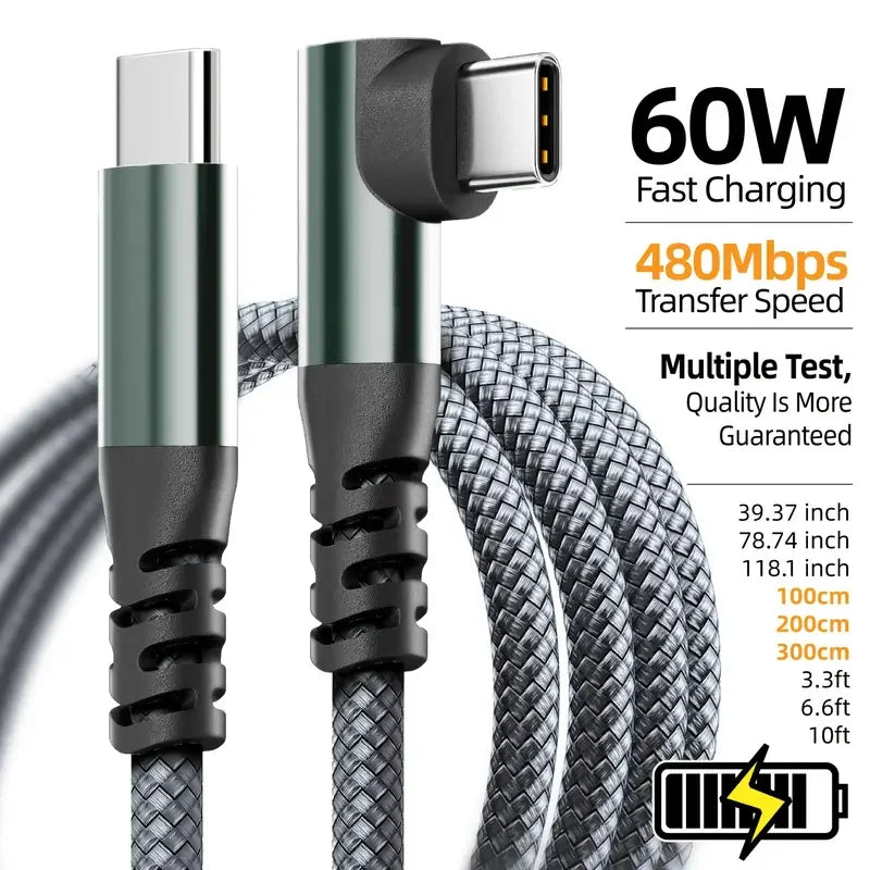 60W USB-C to USB-C Fast-Charging Cable — Braided Data & Charging Cord, 1m–3m