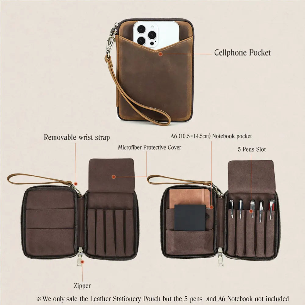 Leather Pen Case Organizer with 5 Pen Slots and A6 Notebook Pocket, Zippered Stationery Storage Case for Office and School
