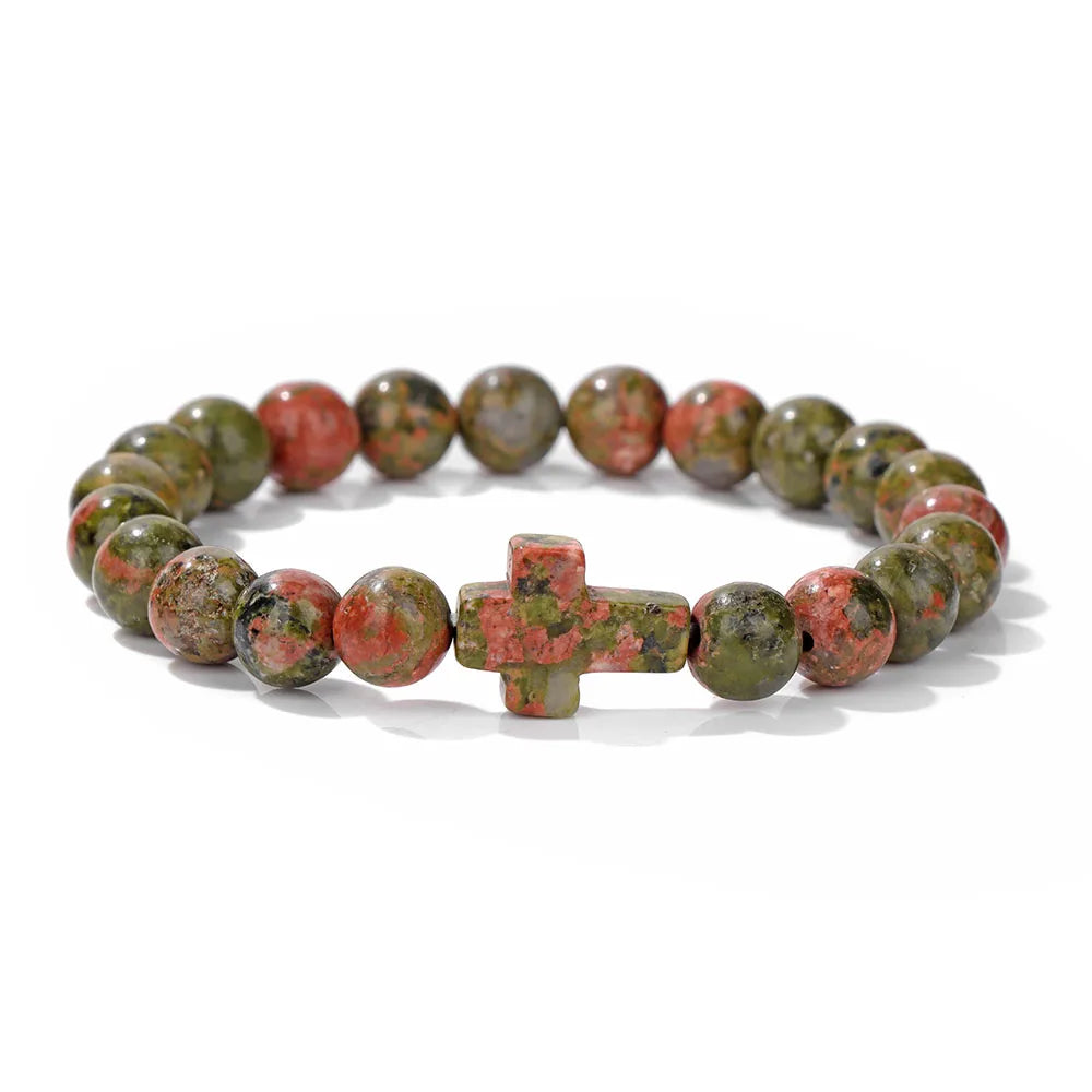 Natural Stone Cross Beaded Bracelet — Crystal Healing Prayer Jewelry