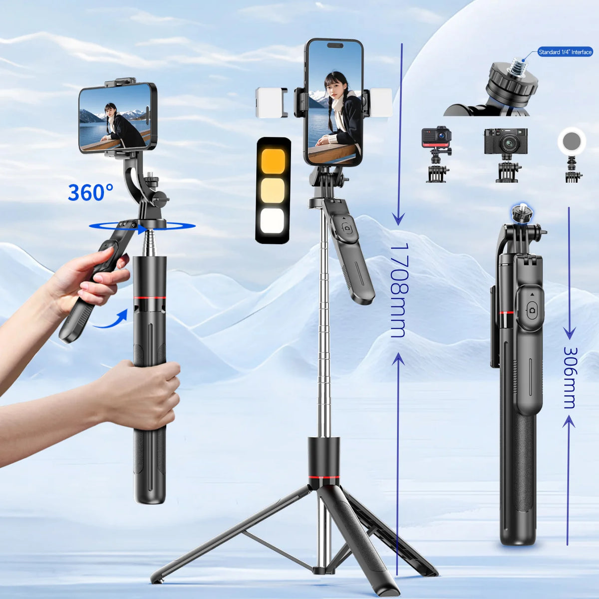 Selfie Stick Tripod with Fill Light and Bluetooth Remote, 67 Inch Extendable Phone Monopod Stand with 360° Rotation for Vlogging and Live Streaming